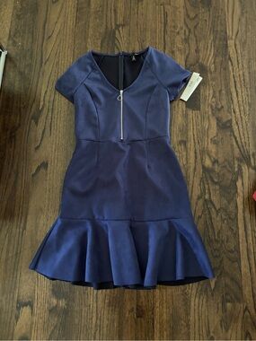 Aqua Navy Blue Zip-Front Ruffle-Hem Midi Dress